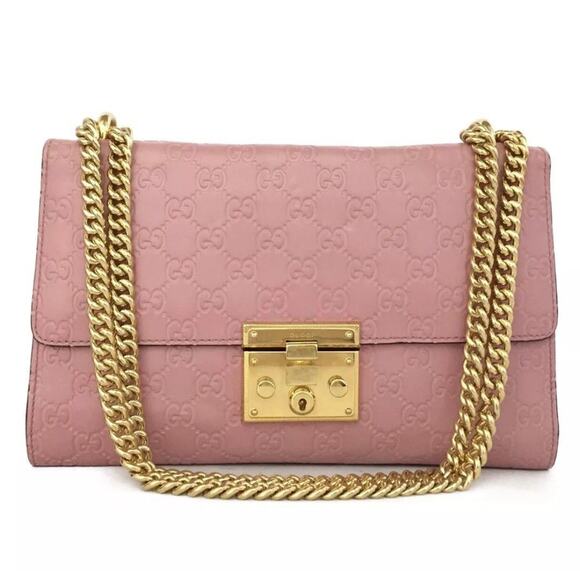 GUCCI Ssima GG Logo Padlock Leather Chain Shoulder Bag Pink - Picture 1 of 8